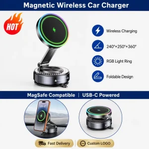 Wholesale Magnetic Wireless Car Charger Mount, 15W Fast Charging, Strong Magnetic Hold, 360° Rotation, OEM Custom Logo, Fast Delivery
