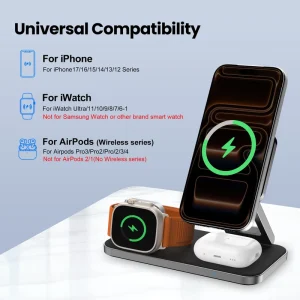 3-in-1 Charging Station, 15W Fast Wireless Charger, Portable Magnetic Multi-Function, for iPhone, Watch, and Earbuds