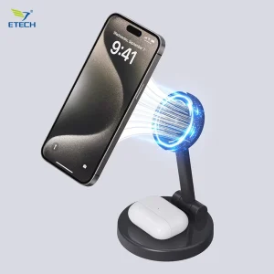 15W Fast-Charging Foldable Magnetic Wireless Charger with LED Indicator, Travel-Friendly Multi-Device Charging Stand