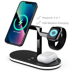 15W Magnetic Wireless Charger with LED Light, Portable 3-in-1 Wireless Charging Stand