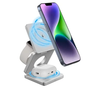 15W Magnetic Tri-Fold Wireless Charger and Phone Charging Stand for iPhone 16/15/14/13, AirPods, and iWatch