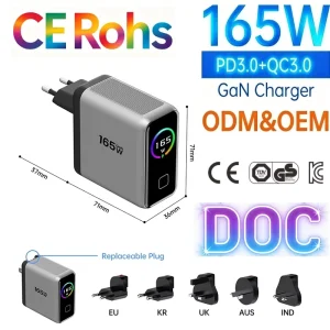165W 140W GaN Wall Charger with Smart TFT Display 4 Port PD3.1 Fast Charging ODM OEM Type c Usb c Fast Charger Power Adapter