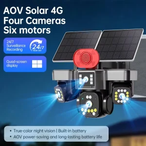 16MP 4G AOV Solar Security Camera 6 Motors 4 Lens 4 Screen 24/7 Surveillance Color Night Vision Outdoor Wireless PTZ CCTV Camera
