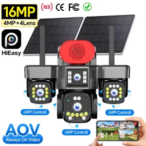 16MP 4G Wireless Solar Security Camera 6 Motors 4 Lens 4 Screen AOV 24/7 Monitoring Outdoor IP66 Waterproof Security CCTV Camera