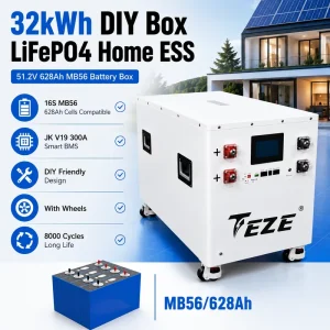 16S 51.2V MB56 628Ah DIY Battery Box 32kWh LiFePO4 Home Energy Storage System With JK 300A Smart BMS for Solar Backup