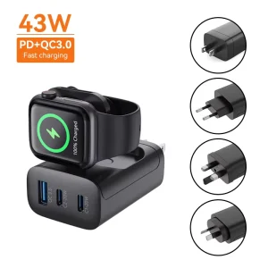 Portable Desktop 3-in-1 Magnetic Wireless Watch Charger with UK 1A Input, Type-C, QC/PD Fast Charging, CE Certification, and 3W Output