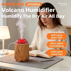 1L Wood Grain Volcano Aroma Diffuser Quiet Ultrasonic Mist Humidifier with Flame Atmosphere Light for Home Decor