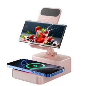 2-in-1 Foldable Wireless Charger with LED Light, 15W Fast Charging, and Speaker Stand for iPhone, iPad, and Smartphones