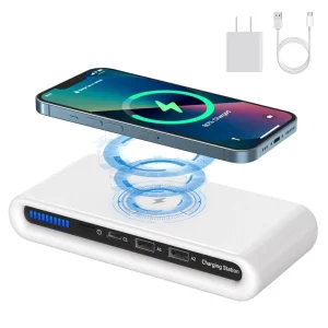 4-in-1 Wireless Charging Station, 2 Type-A Ports, 1 Type-C Port, 3 USB Outputs, 15W Fast Charging, 10,000mAh Power Bank, Multiple Protection Features
