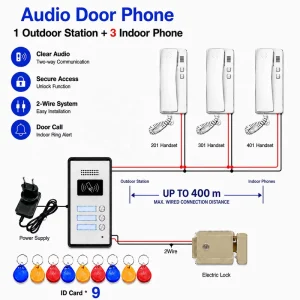 2 Wire Audio Door Phone 3 Handset Multi Apartment RFID Card Access Waterproof Intercom System for Building Apartment Entrance