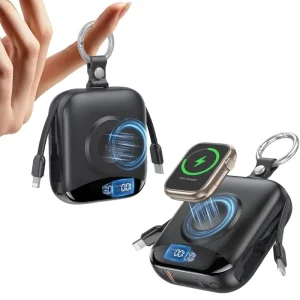 2 in 1 10000mAh 22.5W Fast Charging Built in Dual Cables LED Display Wireless Charging for Smart Watch Keychain Power Bank
