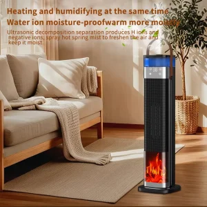 2 in 1 Vertical PTC Electric Heater Mist Humidifier Intelligent Flame Heater 30m Coverage 8+ Hour Timer for Home Office
