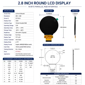 2.76 Inch Round LCD Display 480×480 ST7701S Color Screen for Medical Equipment and Smart Watch