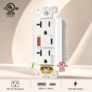 20A NEMA 5-20R USB-A USB-C Charging Receptacle GaN 65W T Slot Outlet 18W a Port 65W C Port Tamper Resistant CULus Listed