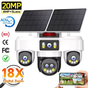 20MP 5 Lens 4 Screen Display 18x Zoom Solar Powered CMOS AOV 4G SIM CCTV Camera 3 PTZ Lens 16000mAh Battery 24 7 Recording IP66