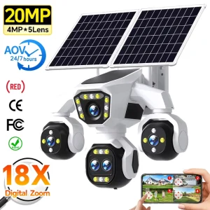 20MP 5 Lens 4G LTE Solar Security Camera No WiFi Needed 18X Digital Zoom AOV Outdoor IP66 Farm Remote Monitoring PTZ CCTV Camera
