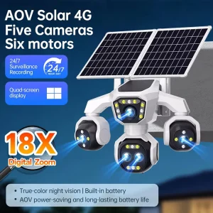 20MP 5 Lens Solar AOV Security Camera 18X Zoom Wireless Outdoor Off Grid Farm Construction Site Monitoring CCTV System