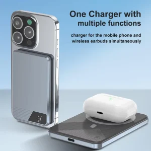 20W Ultra-Thin Magnetic Wireless Power Bank with LED Display, 5000mAh, Portable, for iPhone and Android, Aluminum Alloy