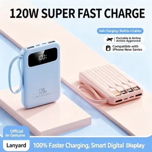 22.5 120W Fast Charge Built in 4 Cables Power Bank Digital Display Mini Portable Outdoor Travel Backup Battery Airplane Approved