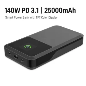 25000mAh Power Bank 140W Fast Charge with EV-Grade 21700 Cells, Smart Visual TFT Display Portable Power Station for Laptops