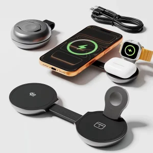Portable 25W 3-in-1 Magnetic Wireless Charger, Foldable Fast-Charging Phone Charger, Zinc Alloy, for iPhone, Earbuds and Watch