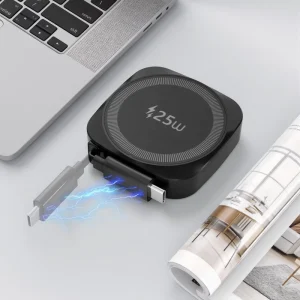 25W Magnetic Wireless Charging Pad with 70 cm Retractable USB-C Data Cable, Fast Wireless Charger for iPhone 17/16, Samsung, and Android