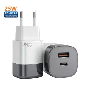 25W GaN Fast Charger USB A+C Dual Port PD3.0 QC3.0 EU Plug Smart IC Fireproof Compact Portable