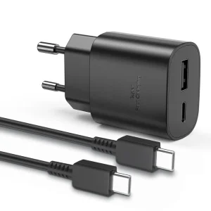 25W USB A+C Dual Charger Portable Fast Charger with 2M 3A Type C to C Cable for S25 S24 S23 S22/S22 Ultra