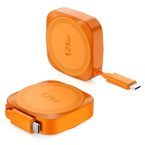 25W Magnetic Wireless Charger with Retractable USB-C Cable, Compact and Portable, for Travel, Compatible with iPhone 17