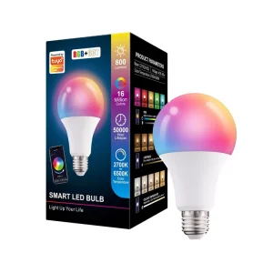 App-Controlled Smart LED Light Bulb, 2700K–6500K RGBCW + CCT, Indoor Home Lighting, 10W, E26/E27/B22, A70