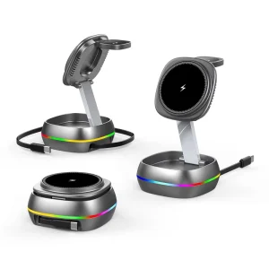 New 3-in-1 Magnetic Wireless Charging Station, 15W Foldable Wireless Charger with Retractable Cable, for Phones, Watches, and Earbuds