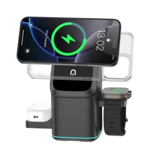 High-Speed Wireless Charger 3-in-1 Magnetic Charging Station with Rotating Design, 15W Fast Wireless Charger for Phones, Earbuds, and Watches