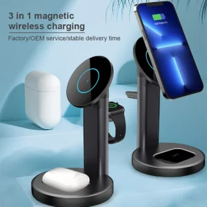 Desktop Portable 3-in-1 Wireless Charger for Phone, Watch, and Earbuds, 15W Fast Charging