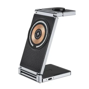 Portable 3-in-1 Foldable 15W Wireless Charging Station for Phones, Watches, and Earbuds, for Bedside, Travel, and Desktop Use