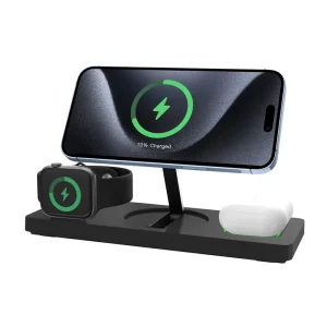 Custom Logo 3-in-1 Magnetic Wireless Charging Stand and Portable Charger with 15W QC2.0 Type-C, for Phone 15/16