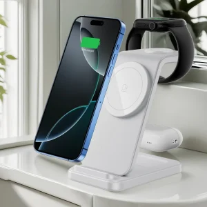 3-in-1 Magnetic Wireless Charging Station for Phones, iWatch, and Earbuds, 15W Fast Charging
