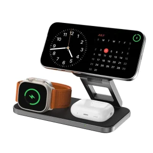 3-in-1 Magnetic Wireless Charging Stand with Foldable Stand, 25W, for iPhone 17/16/15/14, iWatch, and Earbuds