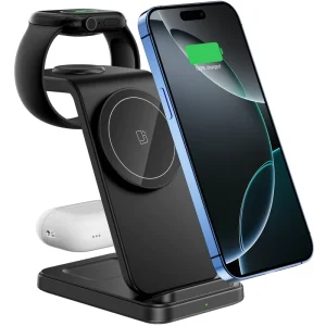 3-in-1 Wireless Charging Station, 9V 2A Portable Foldable 15W Magnetic Charger Stand for iWatch 17/16/15 Models and AirPods