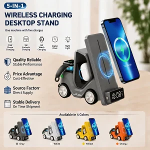 3 In 1 Wireless Charging Station Forklift Design 15W Fast Charger LED Digital Alarm Clock Ambient Light OEM ODM