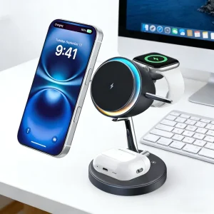 3-in-1 Fast 15W Wireless Charger Stand Magnetic Holder with Colorful LED Ambient Lighting Eco-Friendly Multifunctional Charge