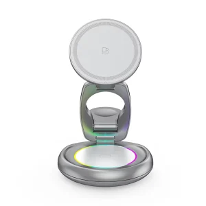 3 in 1 Magnetic Wireless Charging Station with 15W Fast Charge Foldable Metal Stand Earphone for iPhone 15 & for Apple Watch