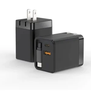 3 in 1 Retractable Wall Charger with Type C Cable 65W Retractable Phone Charger Wall Plug with Dual USB Ports for Smart Phones