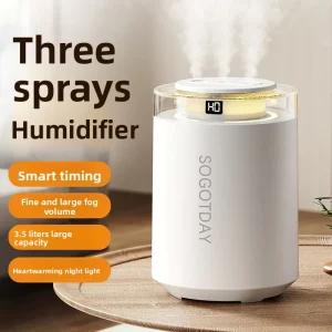 3.5L Plastic Three Spray Humidifier Compact Bedroom Unit Home Air Conditioned Rooms USB Powered Digital Display High Mist Output