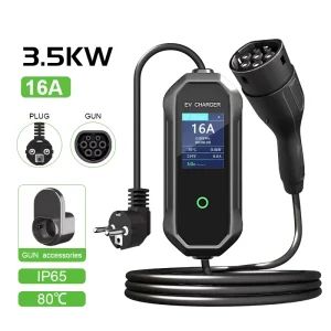 3.5kW 16A Type 2 5M Cable IP65 Waterproof 2.8 LED Display Plug and Play Portable EV Charger for Home and Travel Use