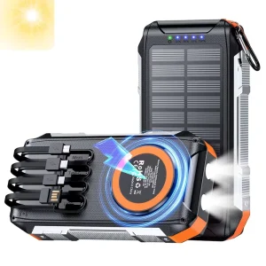 Custom Solar-Powered 30000mAh Wireless Type-C Fast-Charging Power Bank with Magnetic and Night Light Functions, Built-in 4 Charging Cables