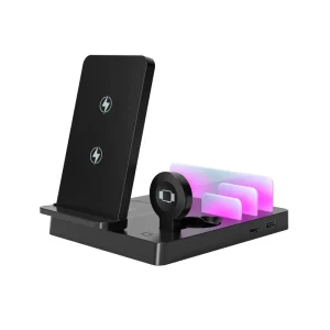 30W Fast 5-in-1 Foldable Magnetic Wireless Charging Station with Ambient Light, Customizable Logo, and Dual-Coil Desktop Foldable Adapter