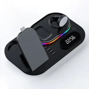 30W 5 in 1 Wireless Charger Station Foldable with Clock Display and RGB Light Phone Holder Included