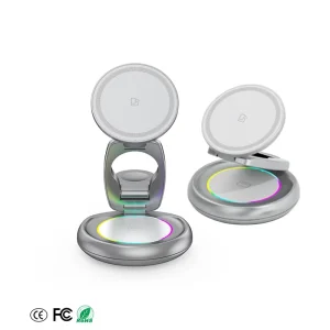 3-in-1 15W Magnetic Foldable Wireless Charger Stand, Fast Charging Station, Stand Base, Metal Construction