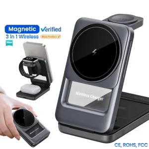 3-in-1 Magnetic Wireless Charger, 15W PD Fast Charging, Foldable Desktop Stand, with 5V 1A Output