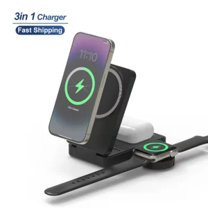 High-Quality Certified Foldable 3-in-1 Magnetic Wireless Charger Stand for Universal Wireless Mobile Device Charging